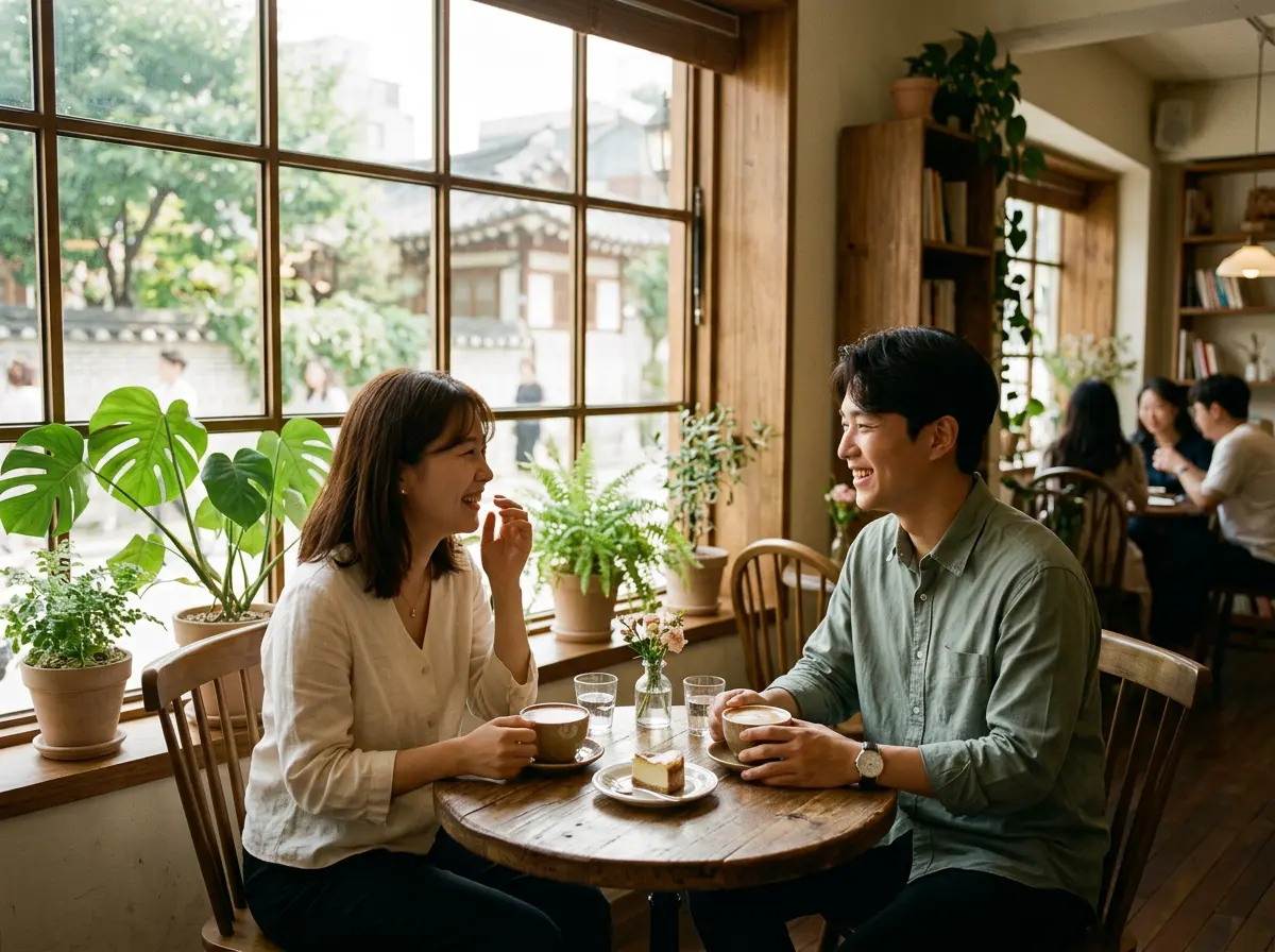 햇살이 드는 카페에서 마주 앉아 편안하게 대화하는 두 사람